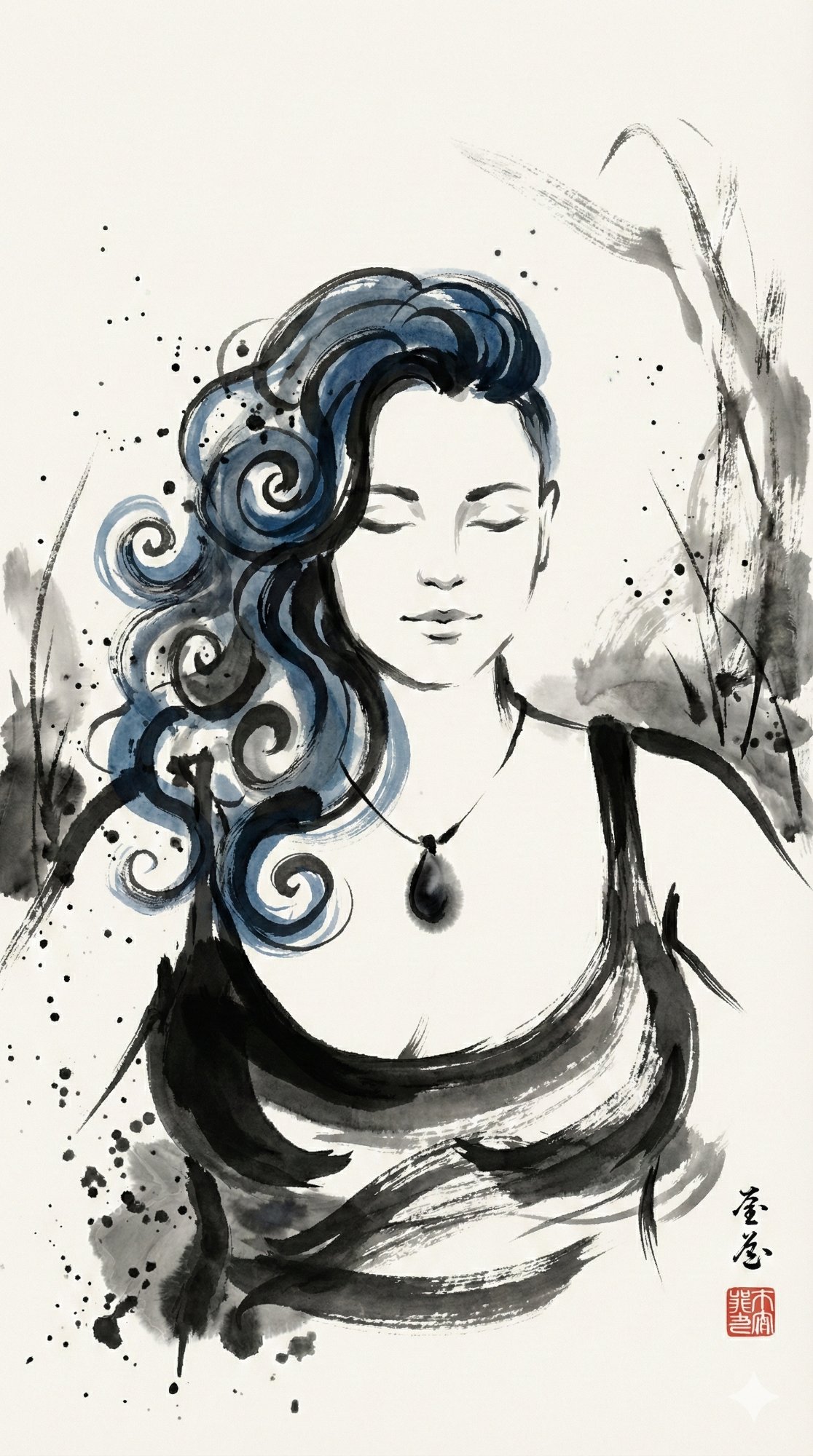 The Laughing Philosophress — zen ink brush portrait